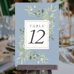 Dusty Blue Botanical Greenerity Wedding Tischnummer<br><div class="desc">Diese eleganten botanischen Tischnummern mit zarten Aquarellfarben-Blätter auf einem staubblauen Hintergrund können von Ihnen personalisiert werden. Entwickelt von Thisisnotme©</div>