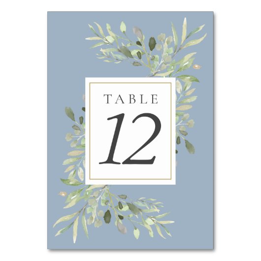 Dusty Blue Botanical Greenerity Wedding Tischnummer (Rückseite)