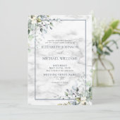 Dusty Blue Botanical Greenerity White Marble Weddi Einladung (Stehend Vorderseite)