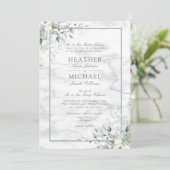 Dusty Blue Botanical Greenerity White Marble Weddi Einladung (Stehend Vorderseite)