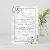 Dusty Blue Botanical Greenerity White Marble Weddi Einladung (Stehend Vorderseite)