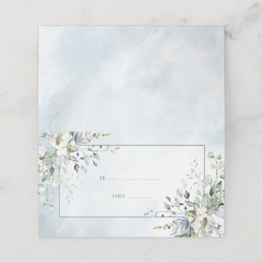 Dusty Blue Botanical Greenery Platzkarte (Außenseite Aufgefaltet)