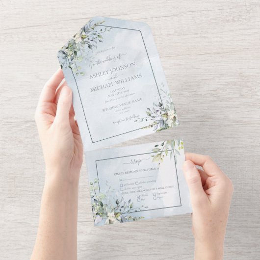 Dusty Blue Botanical Greenery Wasserfarbskript All In One Einladung (Abreißen)