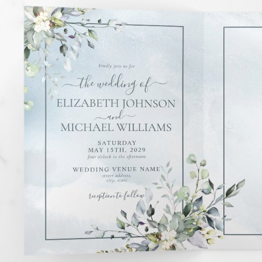 Dusty Blue Botanical Greenery Wasserfarbskript Dreifach Gefaltete Einladung (Innen Erste Seite)