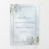 Dusty Blue Botanical Greenery Wasserfarbskript Dreifach Gefaltete Einladung (Cover)