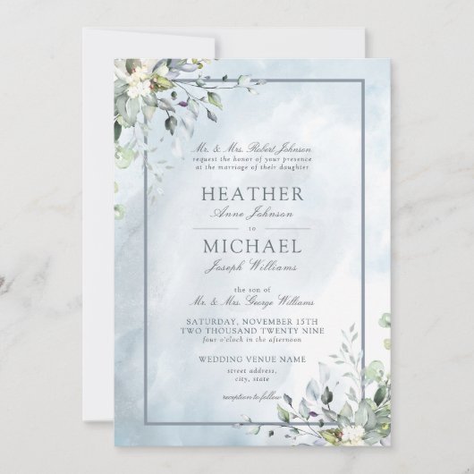 Dusty Blue Botanical Greenery Wasserfarbskript Einladung (Vorderseite)