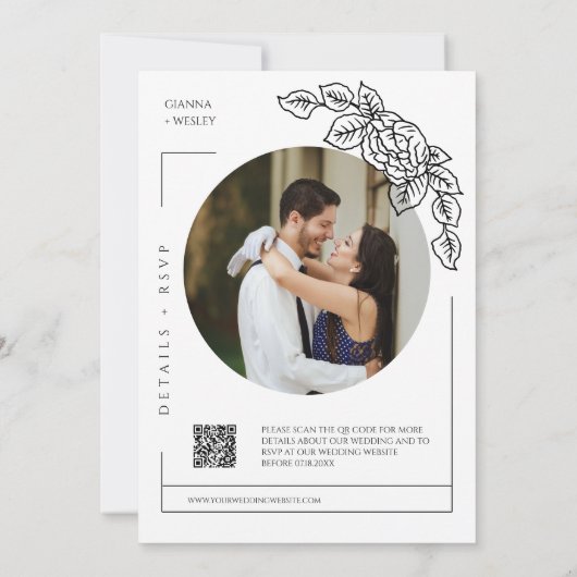 Dusty Blue Botanical Line Art Boho QR Code Foto Einladung (Rückseite)