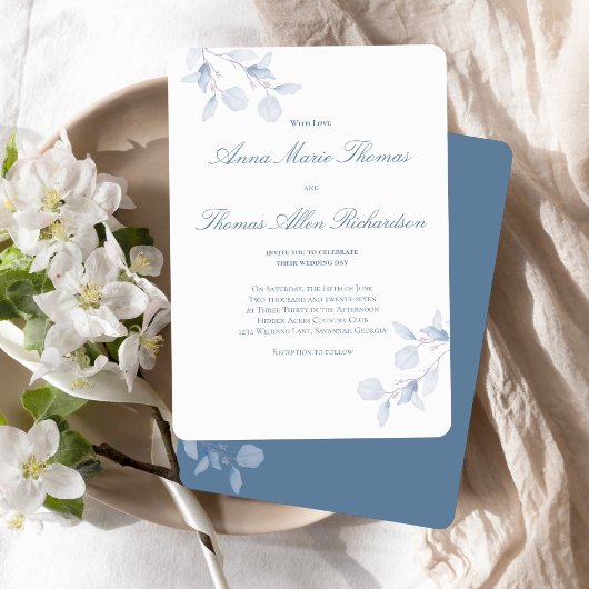 Dusty Blue Botanical Modern Script Wedding Invite Einladung