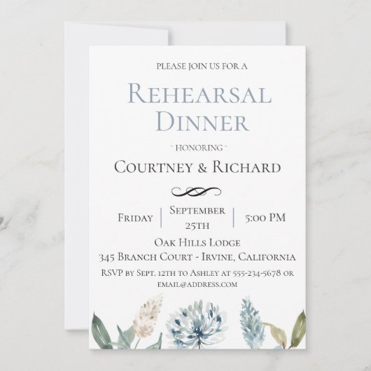 Dusty Blue Botanical Probe Dinner Einladung (Vorderseite)