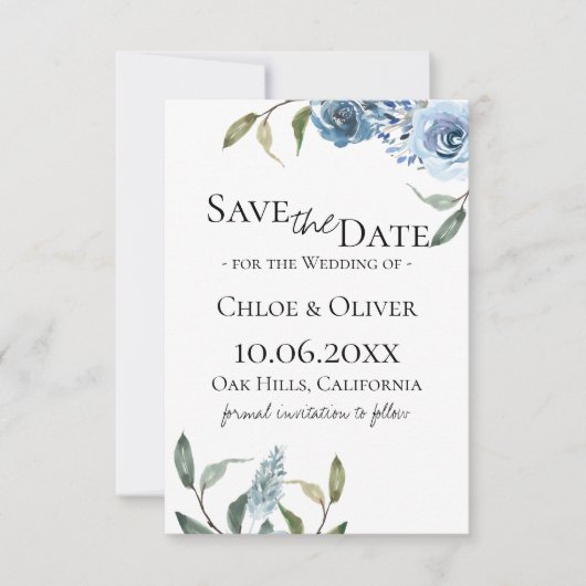 Dusty Blue Botanical Save the Date Ankündigung (Vorderseite)