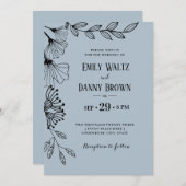 Dusty Blue Botanical Simple Doodle Floral Wedding Einladung (Vorne/Hinten)