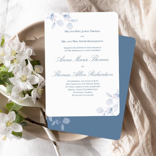 Dusty Blue Botanical Traditional Wedding Invite Einladung