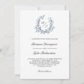 Dusty Blue Botanical Wappen Monogram Wedding Einladung (Vorderseite)