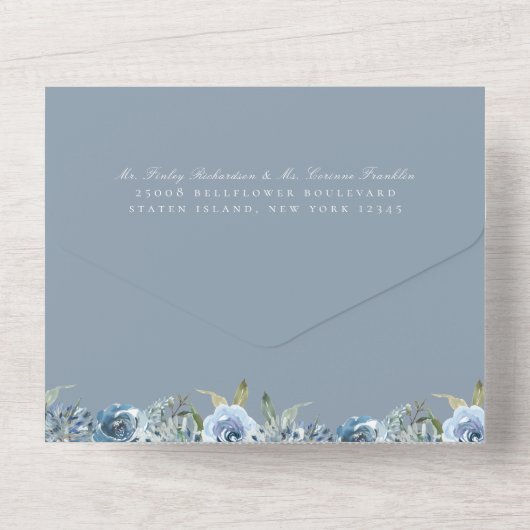 Dusty Blue Botanical Wedding All In One Einladung (Rückseite)