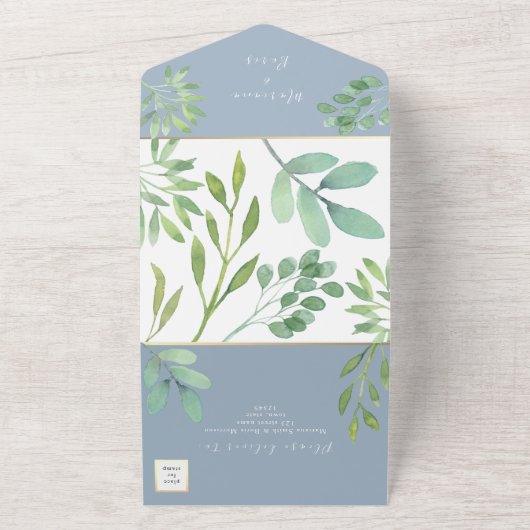Dusty Blue Botanical Wedding All In One Einladung (Außenbereich)