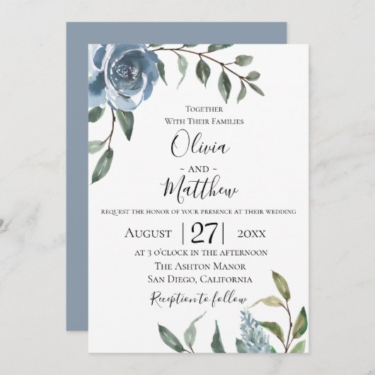 Dusty Blue Botanical Wedding Einladung (Vorne/Hinten)