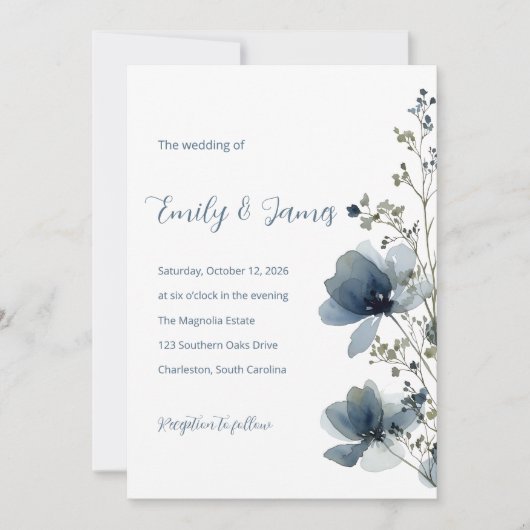 Dusty Blue Botanical Wedding Einladung (Vorderseite)