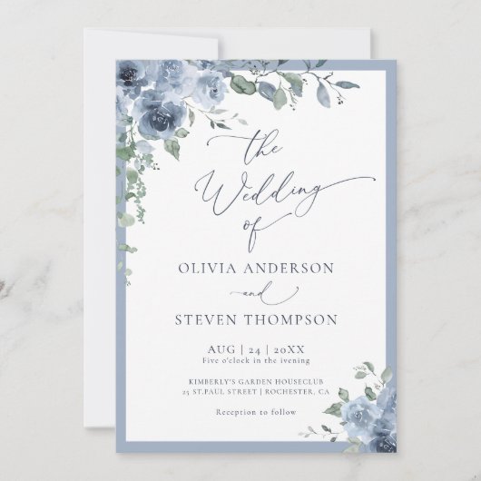 Dusty Blue Botanical Wedding Einladung (Vorderseite)