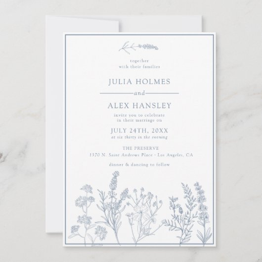 Dusty Blue Botanical Wedding Einladung (Vorderseite)