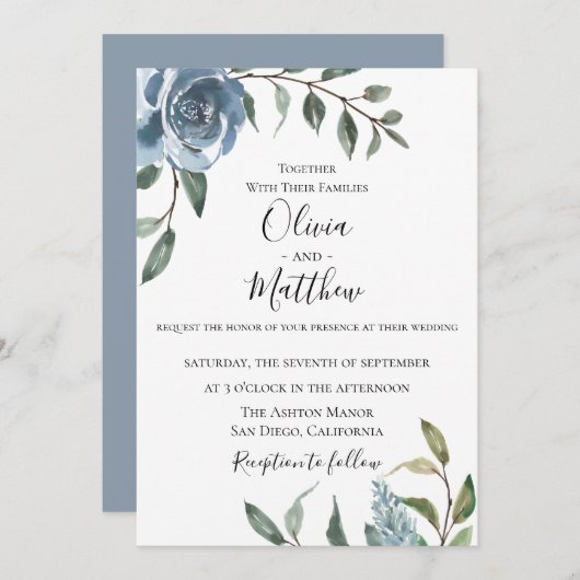 Dusty Blue Botanical Wedding Einladung (Vorne/Hinten)