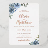 Dusty Blue Botanical Wedding Foil Einladung (Vorderseite)