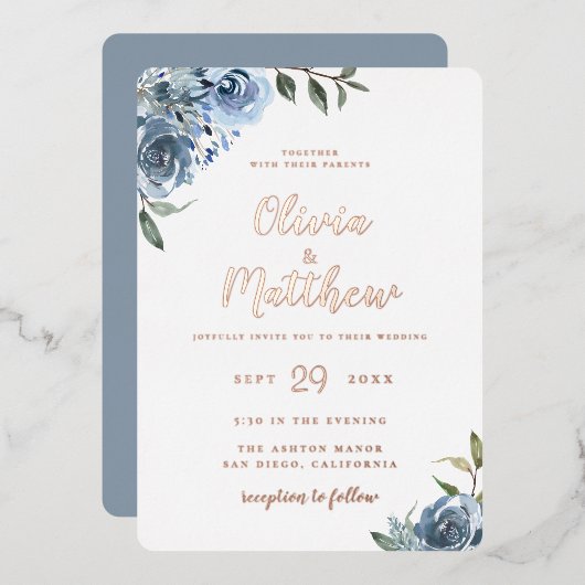 Dusty Blue Botanical Wedding Foil Einladung (Vorderseite/Rückseite)