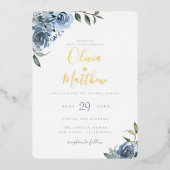 Dusty Blue Botanical Wedding Folieneinladung (Vorderseite)