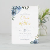 Dusty Blue Botanical Wedding Folieneinladung (Stehend vorne)