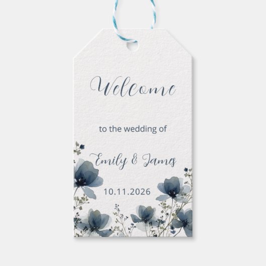 Dusty Blue Botanical Wedding Geschenkanhänger (Vorderseite)