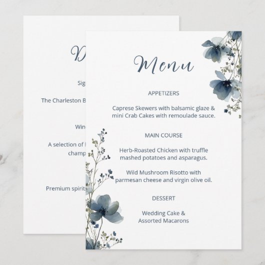 Dusty Blue Botanical Wedding Menükarte (Vorne/Hinten)