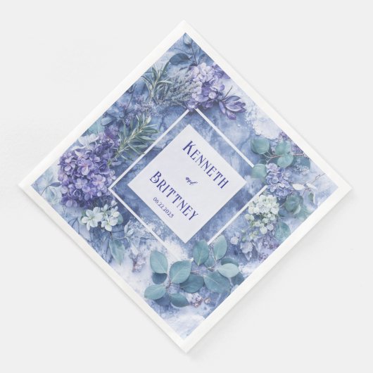 Dusty Blue Botanical Wedding Napkins mit Grün Serviette (Ecke)