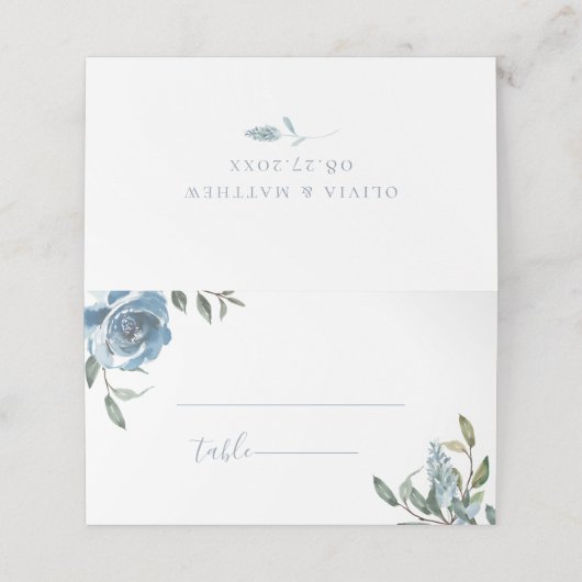 Dusty Blue Botanical Wedding Platzkarte (Außenseite Aufgefaltet)
