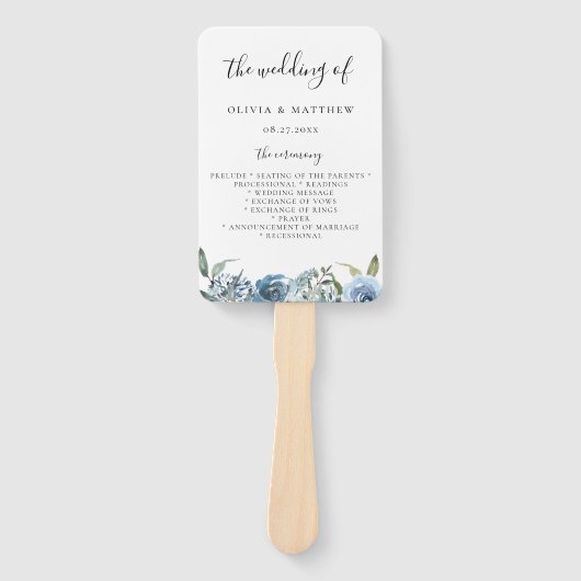 Dusty Blue Botanical Wedding Program Hand Fan Fächer (Vorderseite)