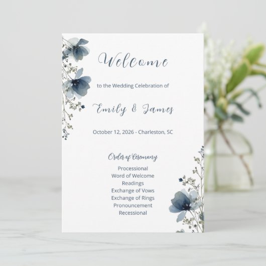 Dusty Blue Botanical Wedding Programm (Stehend Vorderseite)