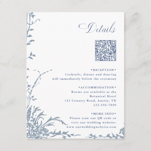 Dusty Blue Botanical Wedding QR Code Details Begleitkarte (Vorderseite)