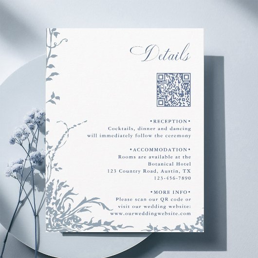 Dusty Blue Botanical Wedding QR Code Details Begleitkarte