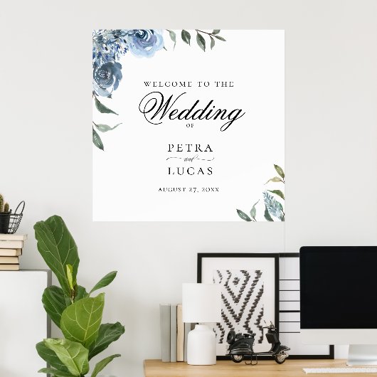 Dusty Blue Botanical Wedding Willkommen Poster (Heimbüro)