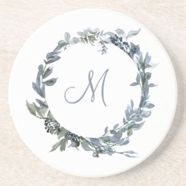 Dusty Blue Botanical Wreath Monogram Getränkeuntersetzer
