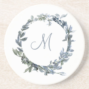 Dusty Blue Botanical Wreath Monogram Getränkeuntersetzer