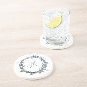 Dusty Blue Botanical Wreath Monogram Getränkeuntersetzer (Seite)