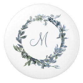 Dusty Blue Botanical Wreath Monogram Keramikknauf