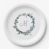 Dusty Blue Botanical Wreath Monogram Pappteller (Vorderseite)