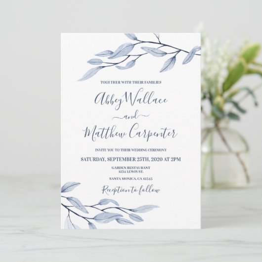 Dusty-Blue-Botanische Hochzeit Einladung (Stehend Vorderseite)