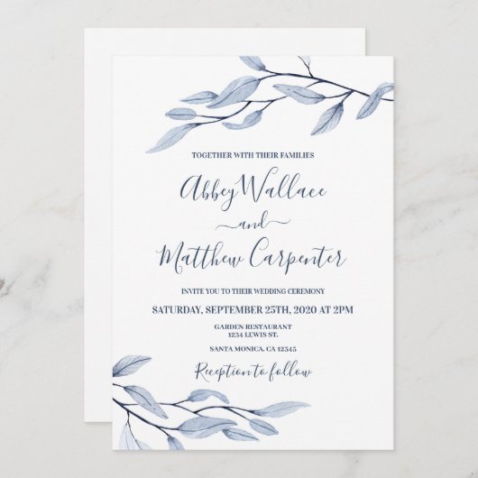 Dusty-Blue-Botanische Hochzeit Einladung (Vorne/Hinten)