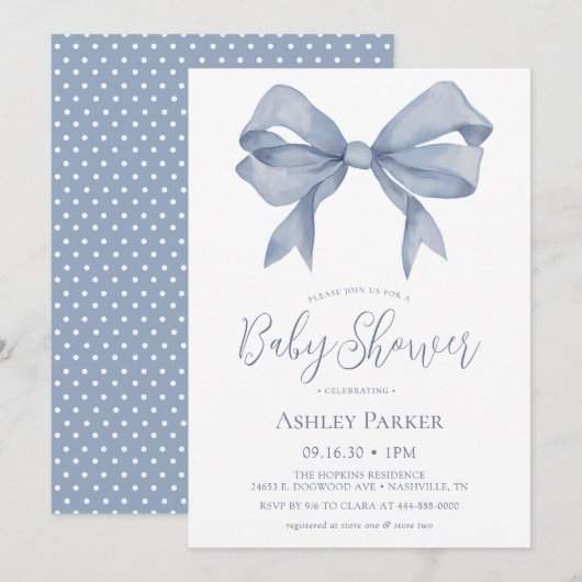 Dusty Blue Bow Boy Baby Shower Einladung (Vorne/Hinten)