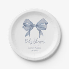 Dusty Blue Bow Boy Baby Shower Pappteller