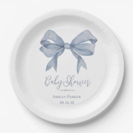 Dusty Blue Bow Boy Baby Shower Pappteller