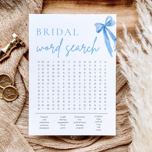 Dusty Blue Bow Brautparty Word Search Game Einladung