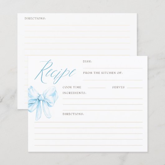Dusty Blue Bow Elegant Bridal Shower Recipe Cards (Vorne/Hinten)