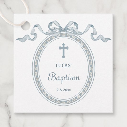 Dusty Blue Bow griechischer Rahmen Taufe Feigwarts Geschenkanhänger (Vorderseite)